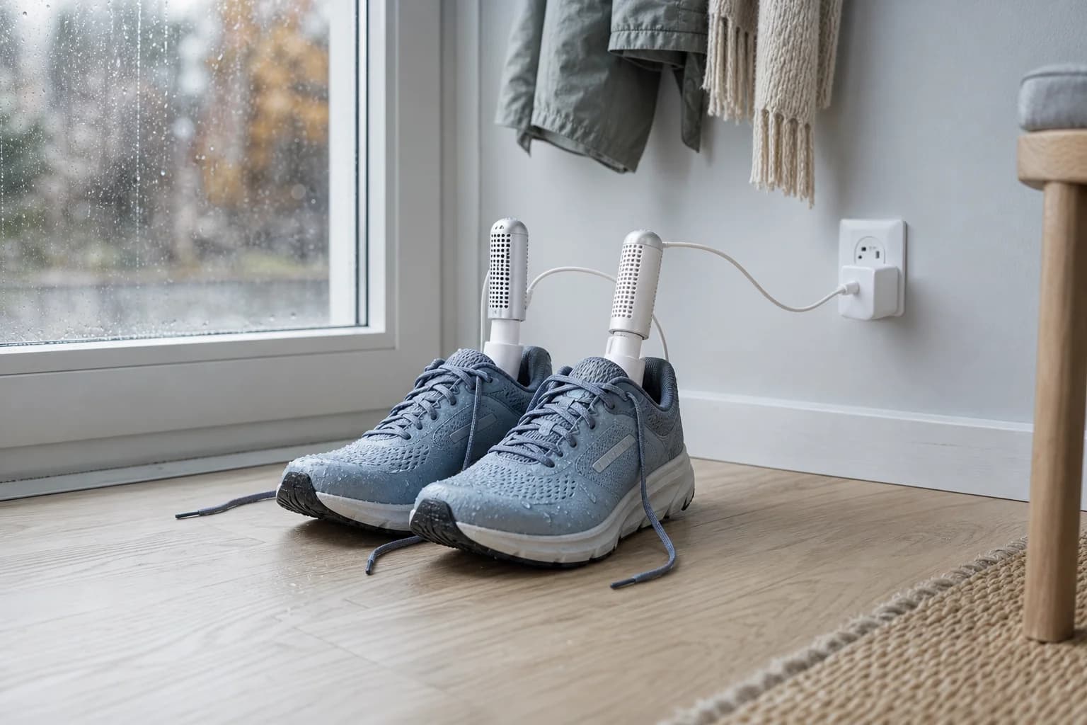 Rain-soaked running shoes drying in a hallway with the shoe dryer inside