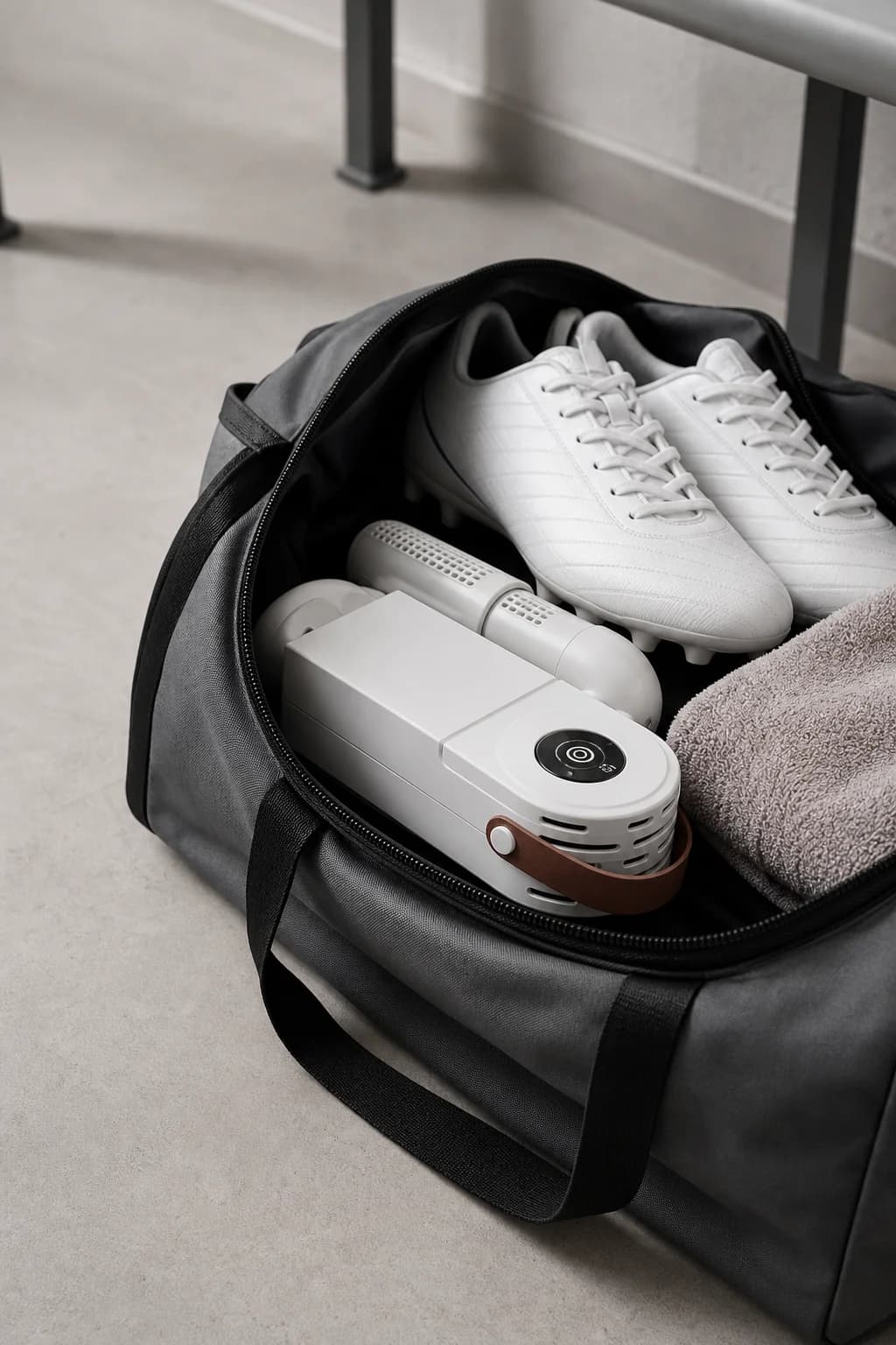 Folded shoe dryer in a sports bag next to football boots