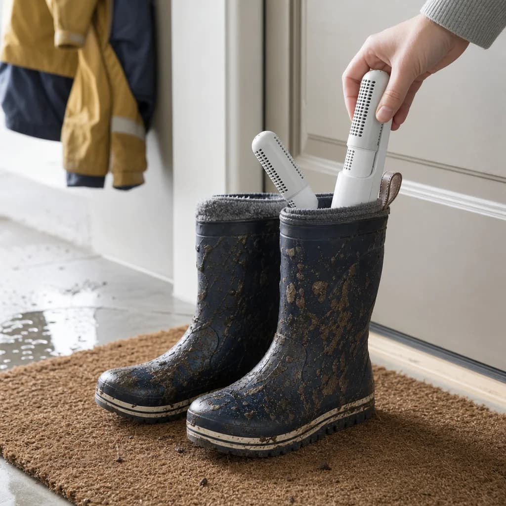 Wet children’s boots by the front door with the dryer inside